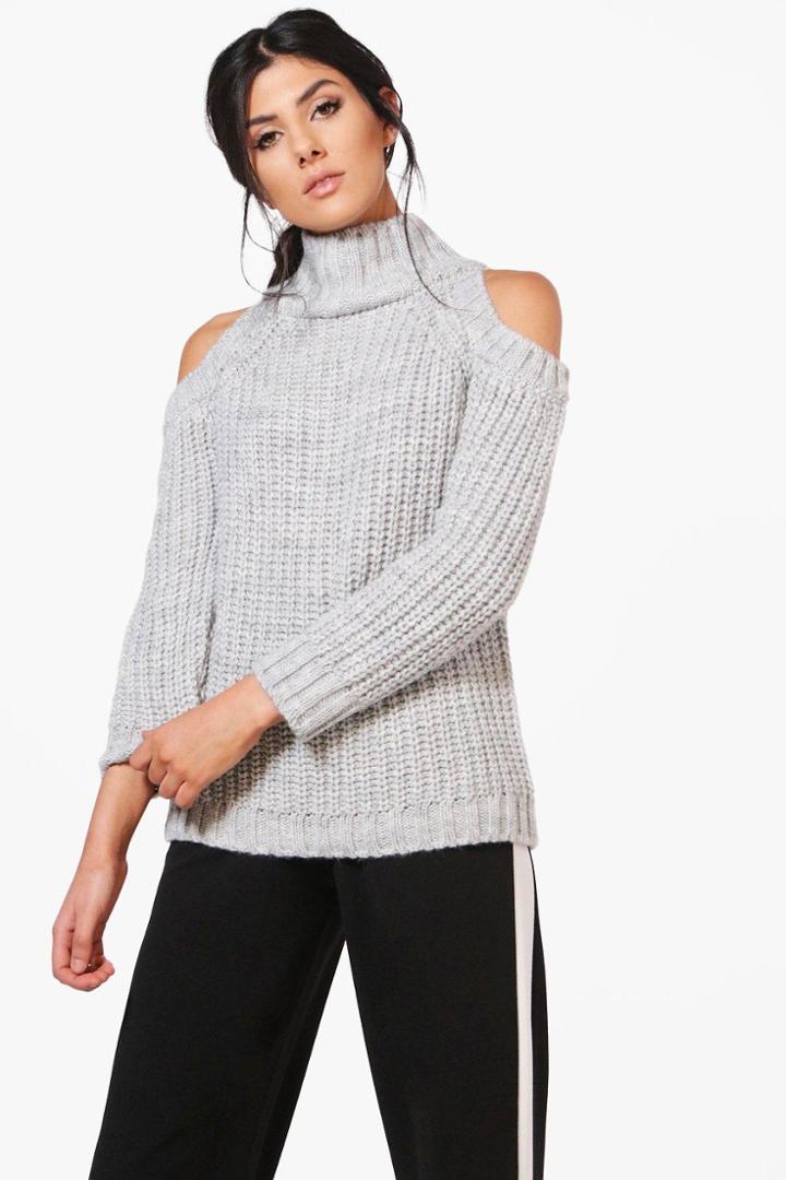 Boohoo Holly High Neck Cold Shoulder Oversized Jumper Silver