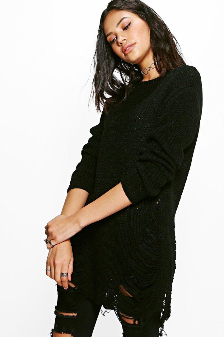 Boohoo Mia Distressed Oversized Jumper Black