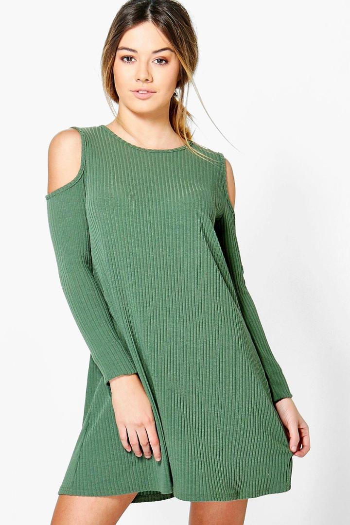 Boohoo Petite Hannah Cold Shoulder Soft Rib Knit Swing Khaki