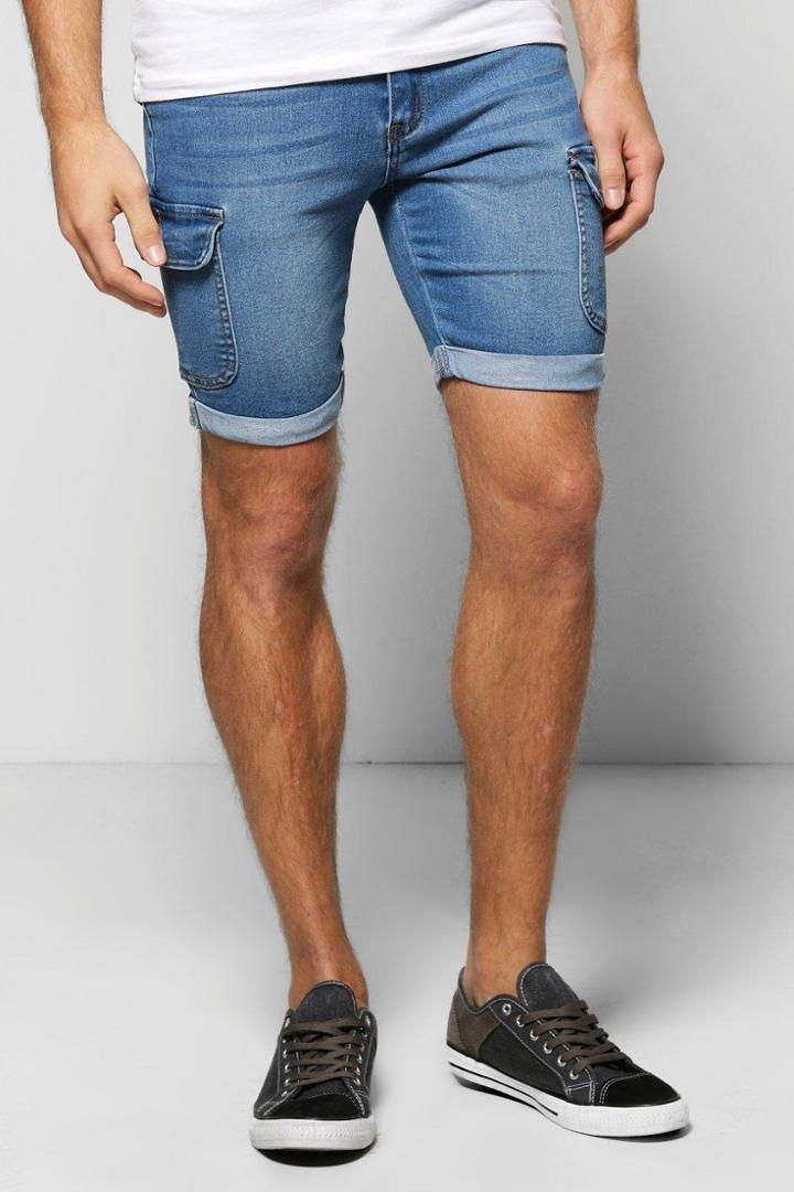 Boohoo Stretch Skinny Denim Cargo Shorts Blue