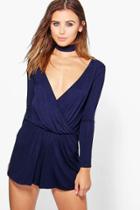 Boohoo Petite Frances Choker Detail Wrap Playsuit Midnight