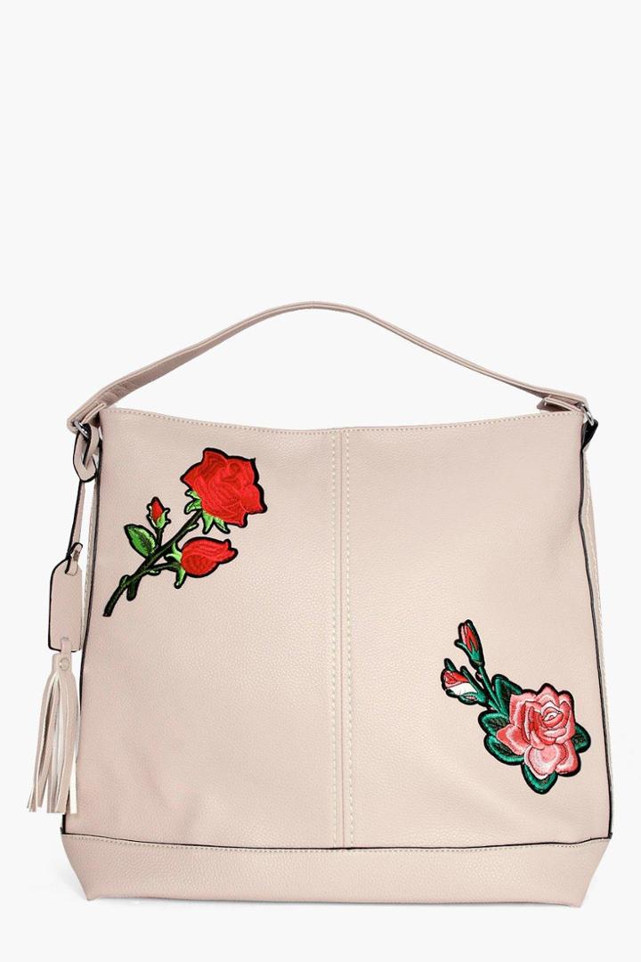 Boohoo Alyssa Embroidered Hobo Shoulder Bag Taupe
