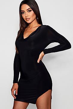 Boohoo Cowl Long Sleeve Thigh Split Slinky Bodycon Dress