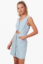 Boohoo Mia Button Cut Out Denim Dress Blue