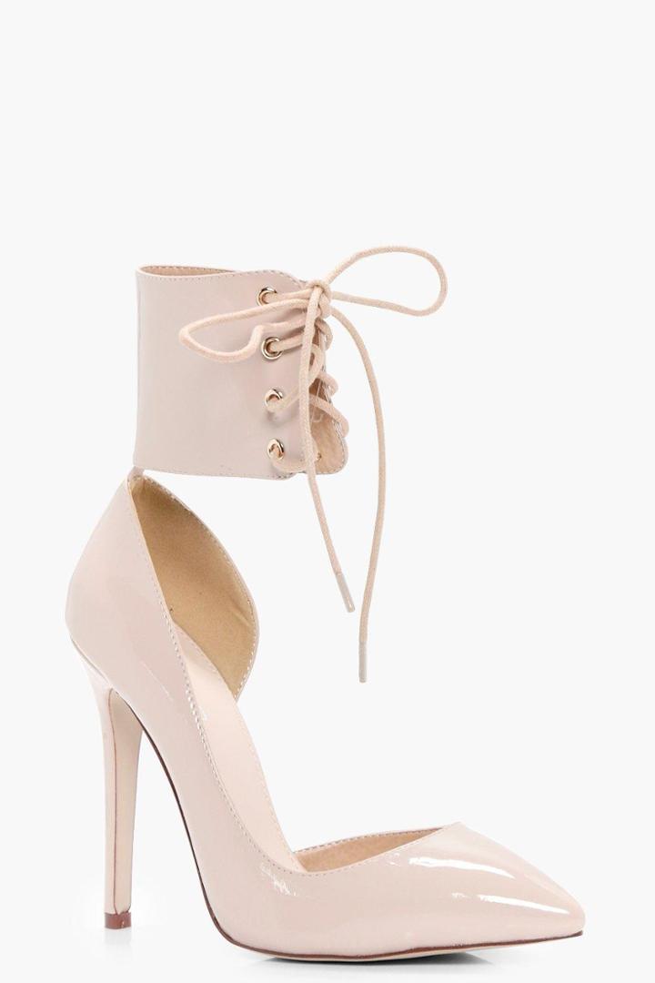 Boohoo Isobel Lace Up Ankle Band Court Stiletto Nude
