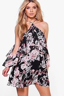 Boohoo Cha Floral Cold Shoulder Ruffle Skater Dress