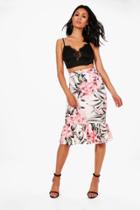 Boohoo Zadie Tropical Floral Drop Hem Midi Skirt Black