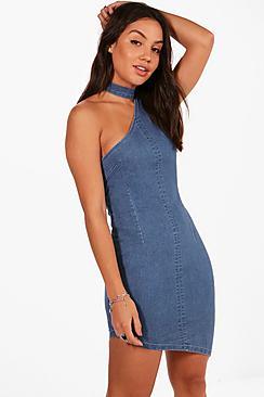 Boohoo Asymmetric Bodycon Choker Denim Dress