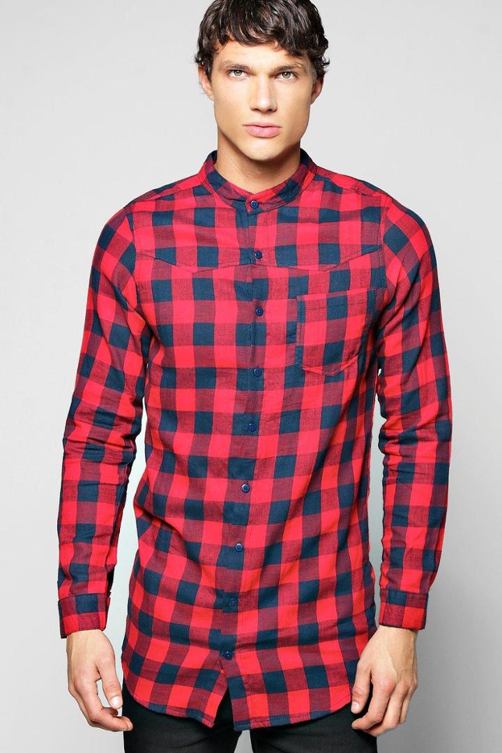 Boohoo Longline Check Buffalo Shirt Grandad Collar Red