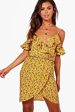 Boohoo Petite Matilda Ruffle Floral Wrap Tea Dress