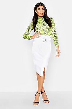Boohoo Belted Ruched Waist Denim Midi Skirt