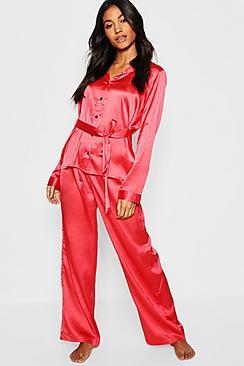 Boohoo Satin Button Through Tie Front Pj Set