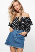 Boohoo Scarlet Spot Woven Ruffle Off The Shoulder Top Black