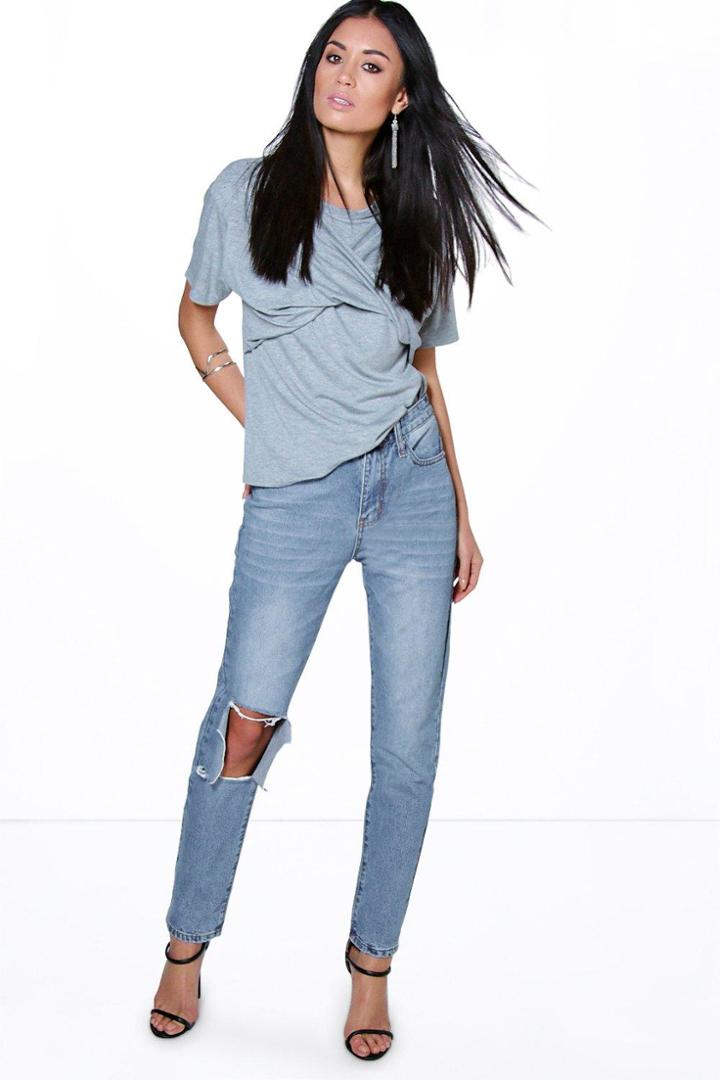 Boohoo Lola Cropped Busted Knee Boyfriend Jeans Blue