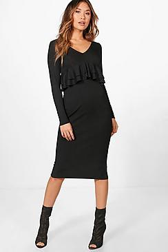 Boohoo Ribbed Frill Detail Midi Dress