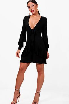 Boohoo Kat Tie Front Asymmetric Frill Skater Dress