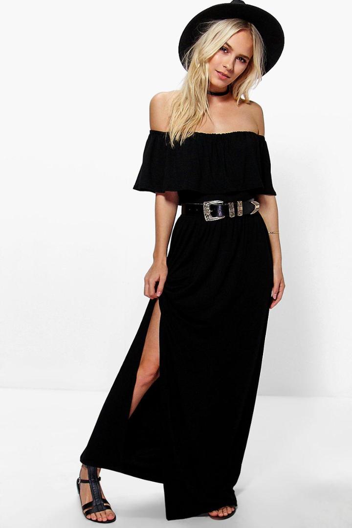 Boohoo Petite Aria Ruffle Bandeau Split Front Maxi Dress Black