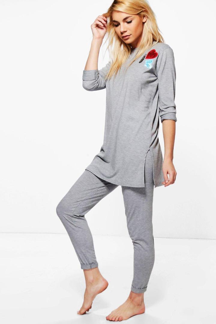 Boohoo Badge Long Sleeve Legging Set Grey