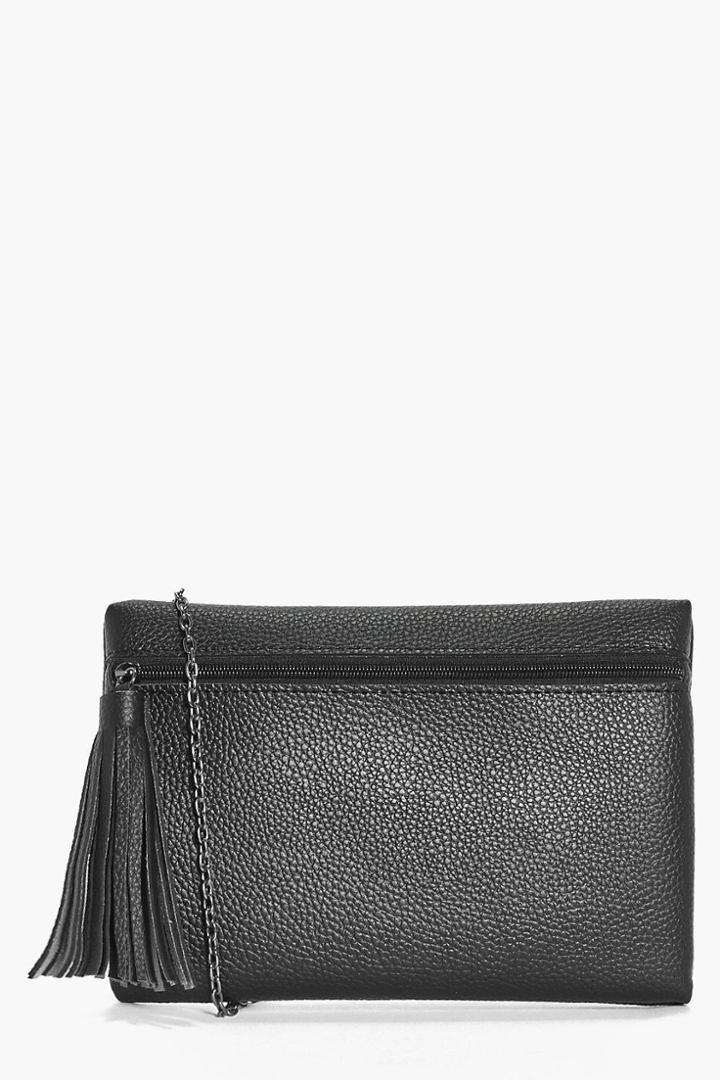 Boohoo Iris Front Zip Large Tassel Cross Body Bag Black