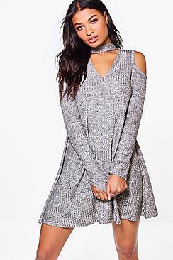 Boohoo Eloise Cold Shoulder Marl Knit Swing Dress