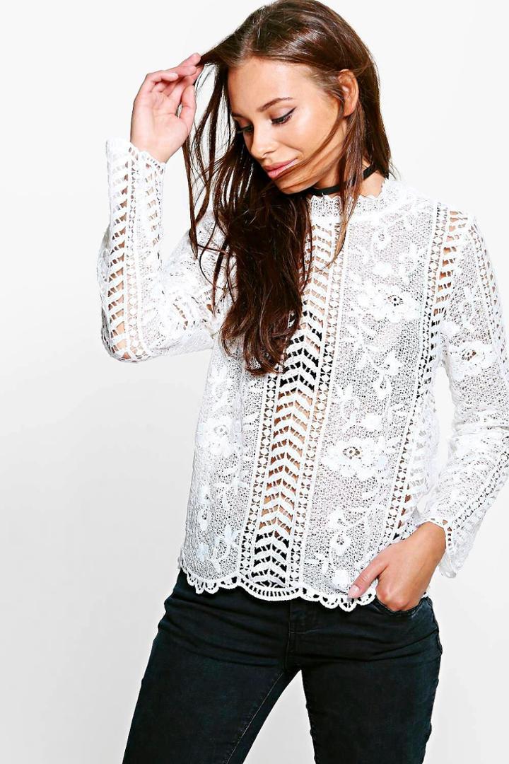 Boohoo Emma Lace Victorian Top White