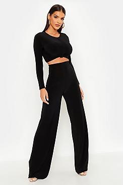 Boohoo Slinky Top Knot & Wide Leg Trouser Co-ord