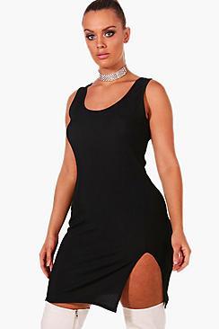 Boohoo Plus Lottie Rib Sleeveless Front Split Bodycon Dress