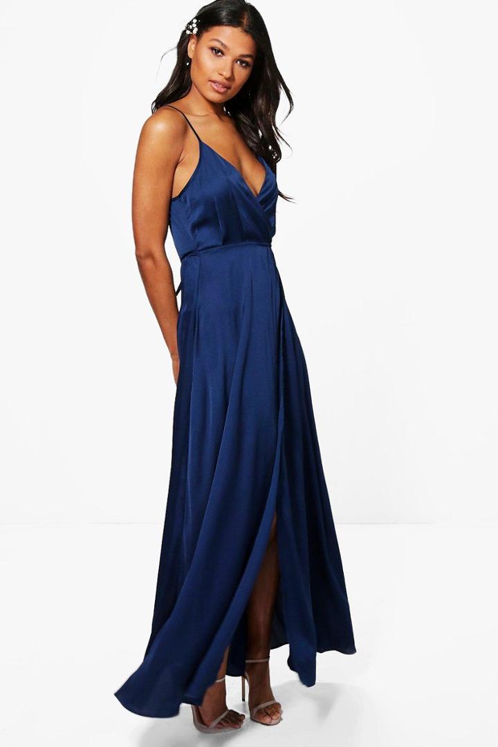 Boohoo Boutique Ondine Satin Strappy Wrap Maxi Dress Navy