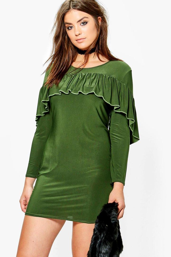 Boohoo Plus Annabelle Ruffle Slinky Dress Khaki
