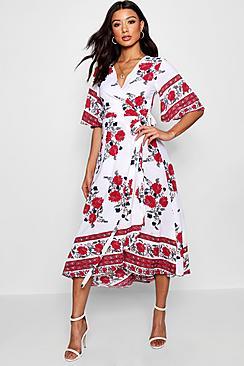Boohoo Carmen Flared Sleeve Wrapped Floral Maxi Dress