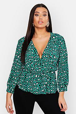 Boohoo Plus Turquoise Leopard Wrap Smock Top