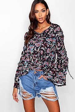Boohoo Jade Paisley Lace Up Sleeve Blouse