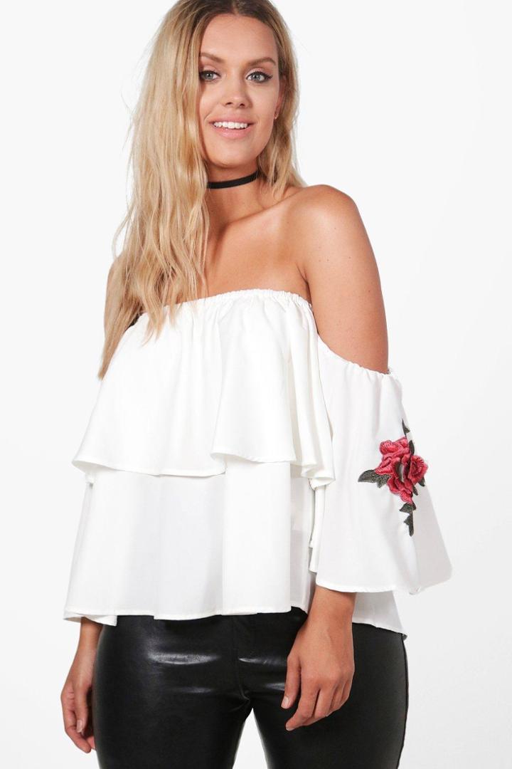 Boohoo Plus Adele Off The Shoulder Applique Top White