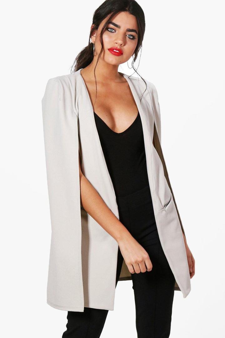 Boohoo Charlotte Zip Detail Longline Tailored Crepe Cape Grey