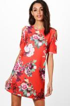 Boohoo Hollie Oriental Floral Cold Shoulder Shift Dress Red