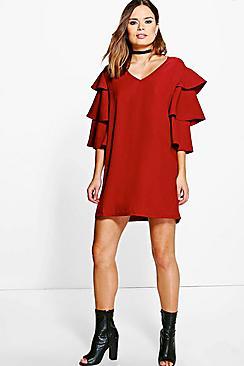 Boohoo Anabelle Ruffle Tier Sleeved Shift Dress