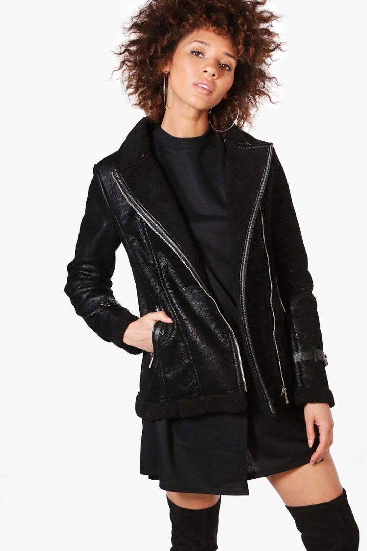 Boohoo Lauren Faux Shearling Aviator Jacket Black