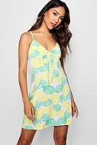 Boohoo Ella Lemon Print Bow Front Cami Shift Dress