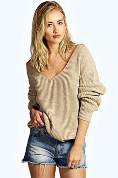 Boohoo Pamela Side Split Step Hem V Neck Jumper