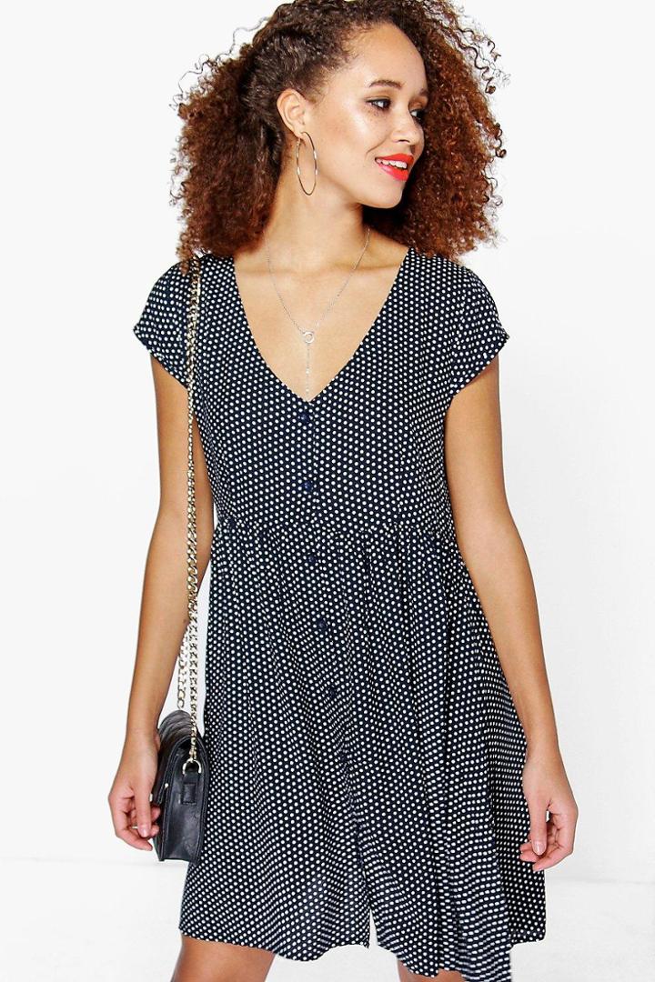 Boohoo Pamela Polka Dot Smock Dress Navy
