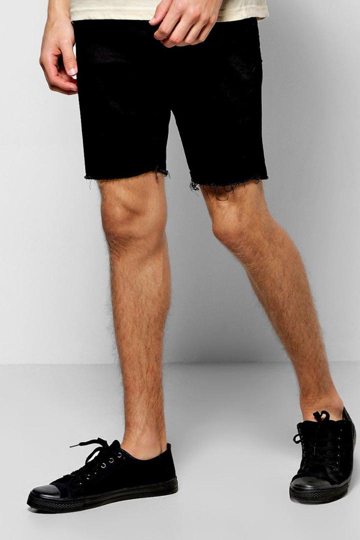 Boohoo Stretch Skinny Denim Shorts With Raw Edge Black
