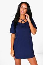 Boohoo Una Caged Detail Neck Shift Dress Navy