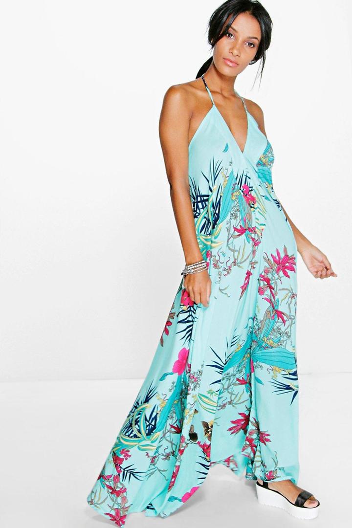 Boohoo Inna Tropical Halter Maxi Dress Turquoise