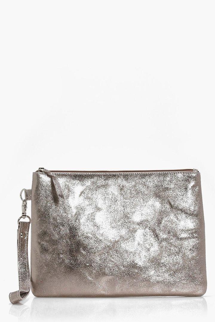 Boohoo Daisy Boutique Distressed Leather Clutch Pewter