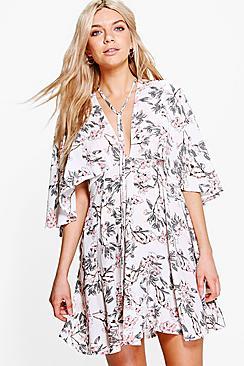 Boohoo Amaris Floral Neck Tie Tea Dress