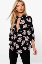 Boohoo Sinead Printed Woven Cut Out Neck Blouse Multi