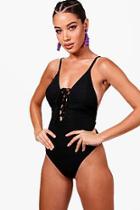 Boohoo Dundee Textured Lace Up Swimsuit