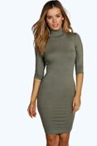 Boohoo Petite Kayleigh High Neck 3/4 Bodycon Dress Khaki