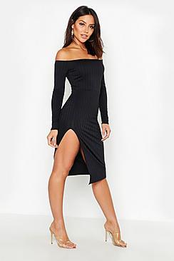Boohoo Ribbed Off The Shoulder Thigh Split Midi Dress