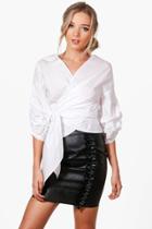 Boohoo Olivia Ruched Sleeve Wrap Shirt White